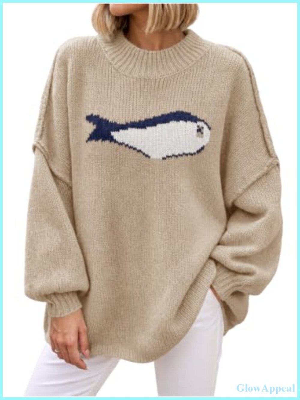 Womens Fish Graphic Oversized Chunky Knit Mock Neck Pullover Sweater